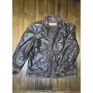 Vintage Columbia Sportswear Mens Brown Leather Jacket L Full Zip Collar Pockets